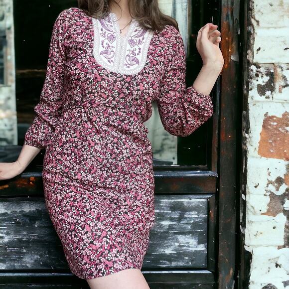 Vintage Dresses & Skirts - Vintage 60s Prairie Dress | Embroidered Bib Yoke Mini | Romantic Cottagecore | M